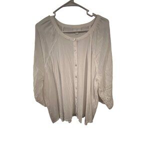 J Jill Womens 2X White Embroidered Sleeve Button-Up Blouse
